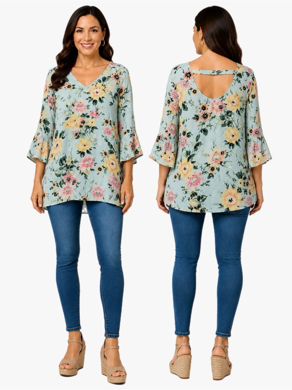 Seven Forty Two Floral Tunic Blouse Open Back Bell Sleeve Size Medium